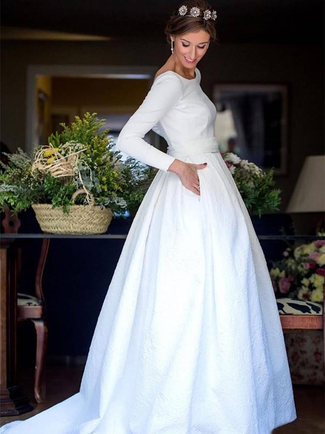 Detachable Satin Unique Designed Lace A-Line Long Sleeve Backless Wedding Dress, D1127