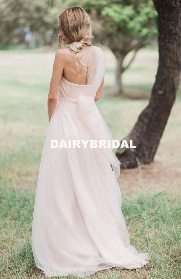 Long One Shoulder A-Line Tulle Bridesmaid Dress, Cheap Light Pink Back Dairy Bridal Long One Shoulder A-Line Tulle Bridesmaid Dress, Cheap Light Pink Back Dairy Bridal