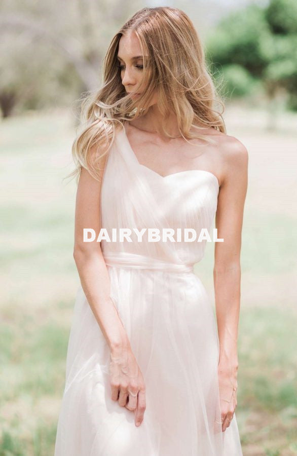 Long One Shoulder A-Line Tulle Bridesmaid Dress, Cheap Light Pink Back Dairy Bridal Long One Shoulder A-Line Tulle Bridesmaid Dress, Cheap Light Pink Back Dairy Bridal
