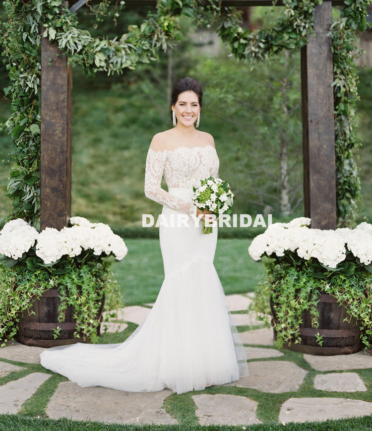 Charming White Lace Mermaid Wedding Dress, Long Sleeve Tulle  Bridal Dress, D951