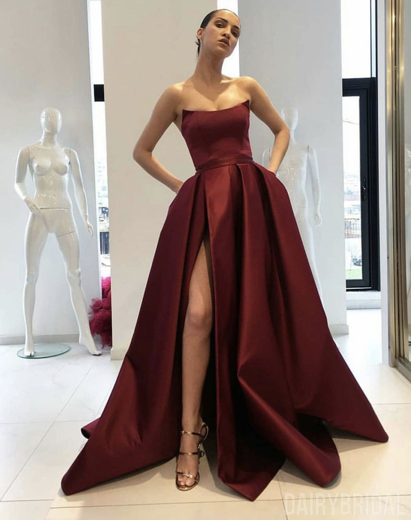 Gorgrous A-Line Satin Burgundy Slit Backless Simple Long Prom Dresses, – Dairy Bridal