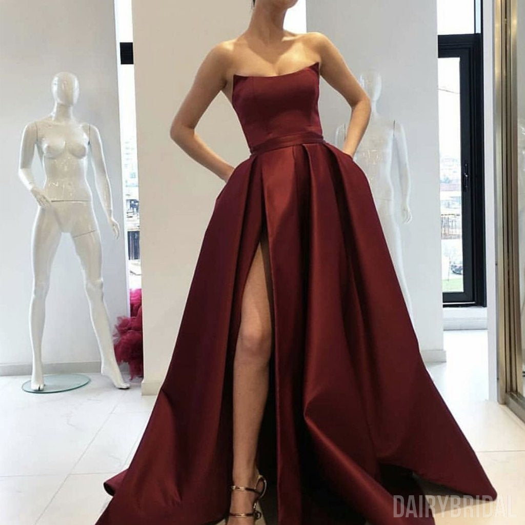 Gorgrous A-Line Satin Burgundy Slit Backless Simple Long Prom Dresses, Dairy Bridal Gorgrous A-Line Satin Burgundy Slit Backless Simple Long Prom Dresses, Dairy Bridal