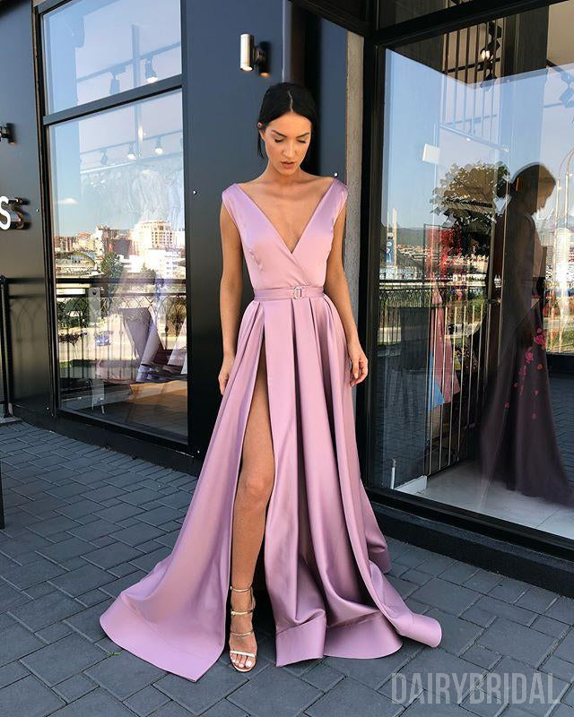 Sexy V-Neck A-Line Satin Slit Long Vintage Prom Dresses, FC1923 Dairy Bridal Sexy V-Neck A-Line Satin Slit Long Vintage Prom Dresses, FC1923 Dairy Bridal
