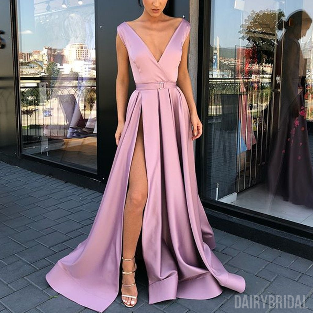 Sexy V-Neck A-Line Satin Slit Long Vintage Prom Dresses, FC1923 Dairy Bridal Sexy V-Neck A-Line Satin Slit Long Vintage Prom Dresses, FC1923 Dairy Bridal