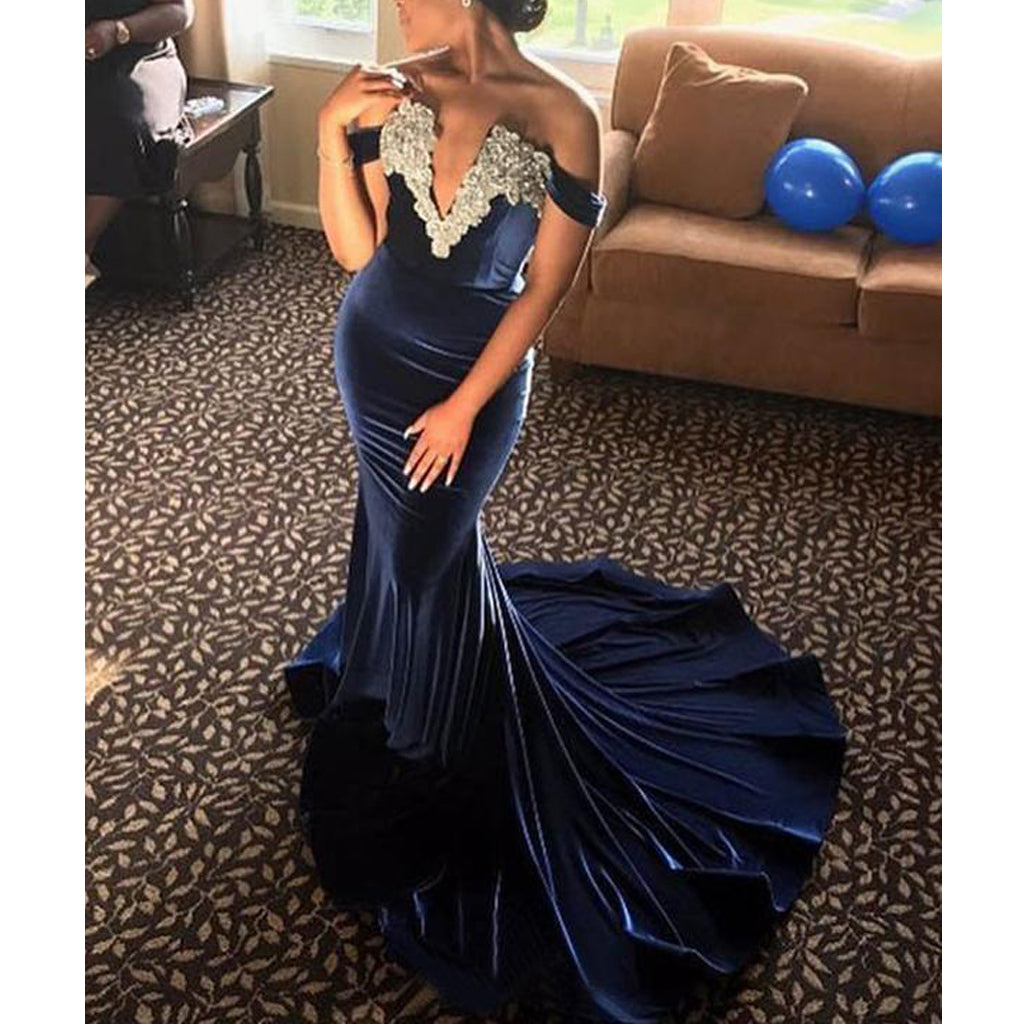 Off Shoulder Navy Velvet Appliques Beaded Prom Dresses