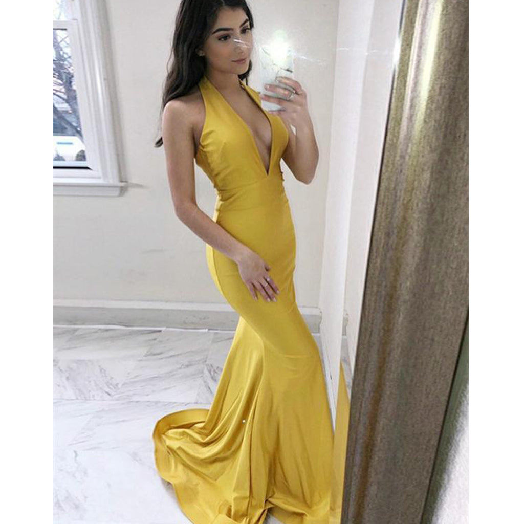 Yellow Satin Halter Backless Mermaid Sexy Deep V-neck Prom Dresses, FC Dairy Bridal Yellow Satin Halter Backless Mermaid Sexy Deep V-neck Prom Dresses, FC Dairy Bridal