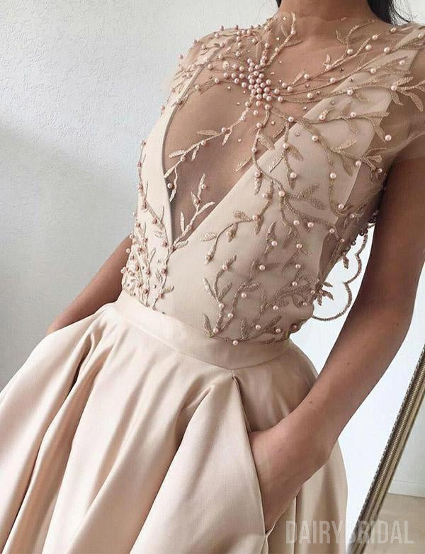 inexpensive long dresses Cap Sleeve A-line Satin Beaded Inexpensive Long Tulle Prom Dresses, FC – Dairy Bridal