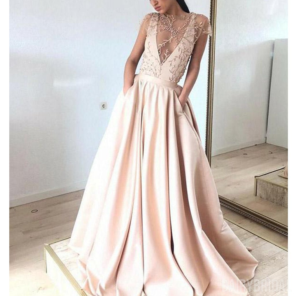 A-line V Neck Long/Floor-Length Tulle Satin Prom Dress With Lace Appliqued  - Prom Dresses 