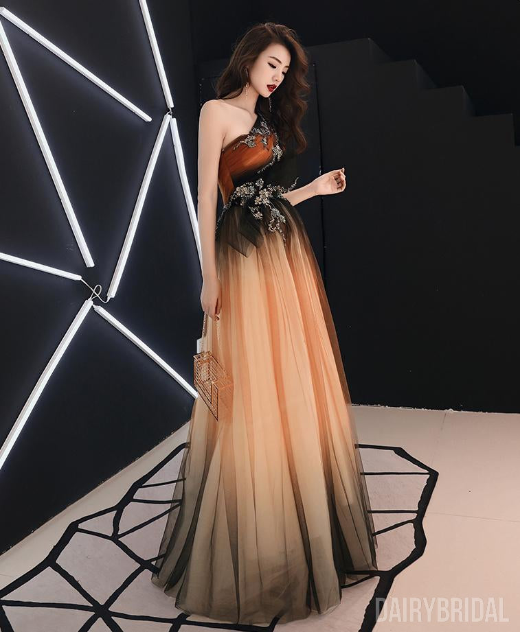 One Shoulder Gradual Tulle A-Line Applique Long Prom Dresses, FC2074
