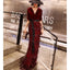 Burgundy Mermaid Beaded Half Sleeve Velvet V-neck Prom Dresses, FC2076