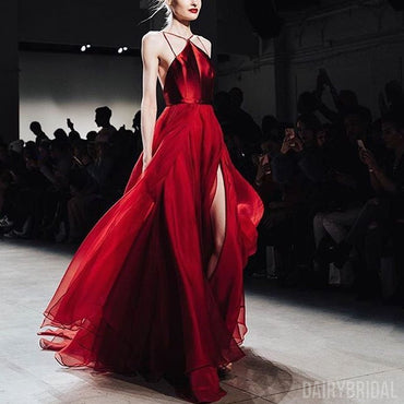 Red A-Line Organza Spaghetti Straps Backless Slit Prom Dresses, FC2156
