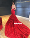 Spaghetti Straps Mermaid Luxury 3D Lace Backless Red Prom Dresses, FC2204