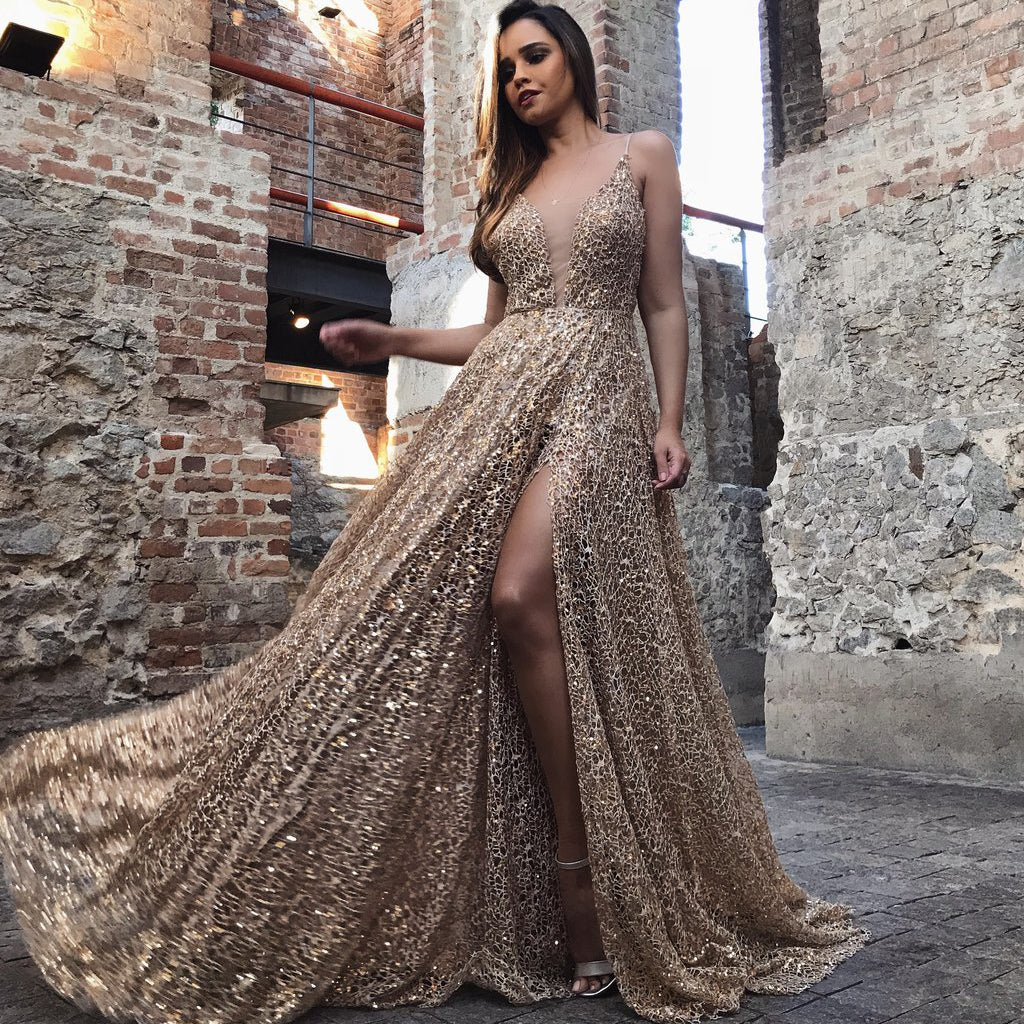 Spaghetti Straps Gold Lace A-line Backless Tulle Prom Dresses, FC2339 Dairy Bridal Spaghetti Straps Gold Lace A-line Backless Tulle Prom Dresses, FC2339 Dairy Bridal