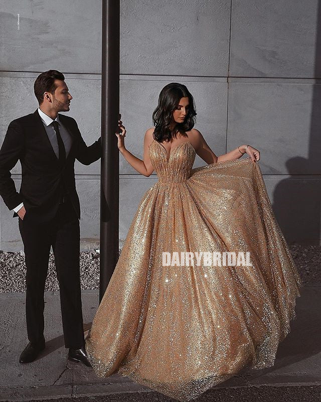 Sparkly A-Line Backless Gold Spaghetti Straps Long Prom Dresses, FC235 Dairy Bridal Sparkly A-Line Backless Gold Spaghetti Straps Long Prom Dresses, FC235 Dairy Bridal