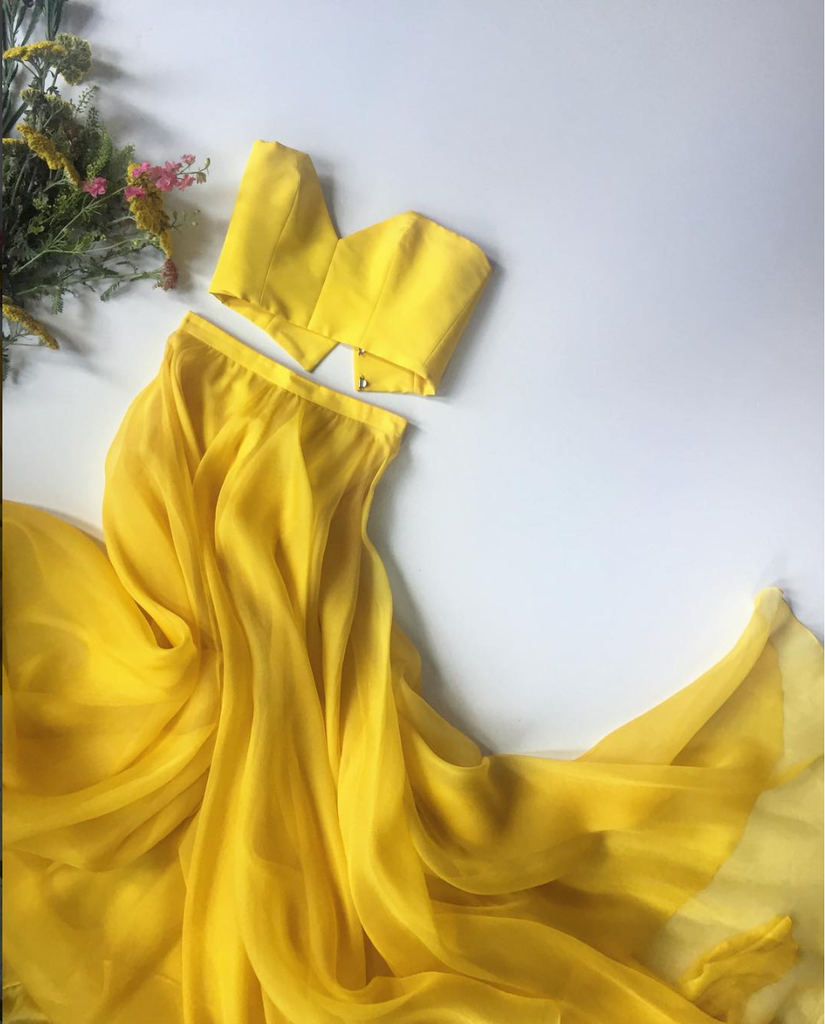 Yellow A-line Two Pieces Backless Charming Prom Dresses, FC2379