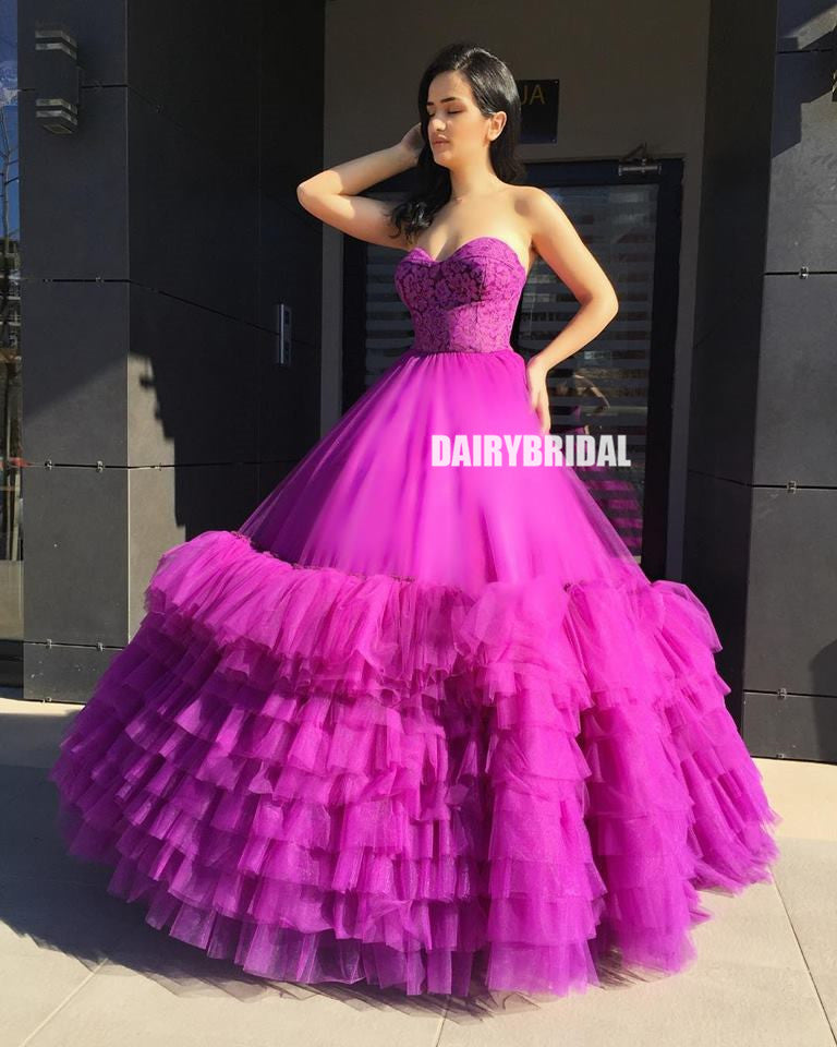 Elegant A-line Tulle Sweetheart Lace Long Prom Dresses, FC4204