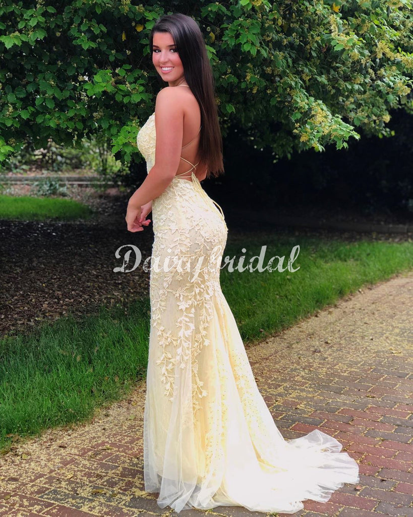 Sexy Mermaid Lace Cross Back Sleeveless Long Prom Dresses, FC4368 Dairy Bridal Sexy Mermaid Lace Cross Back Sleeveless Long Prom Dresses, FC4368 Dairy Bridal