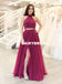 Two Pieces Tulle A-Line Halter Beaded Backless Prom Dresses, D1066