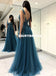 Charming Tulle A-Line Slit Backless Beaded Sleeveless Prom Dresses, D1067