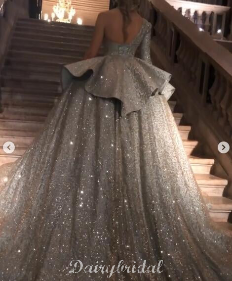 Gorgeous A-line One Shoulder Long Sleeve Sparkle Ball Gown Prom Dress, Dairy Bridal Gorgeous A-line One Shoulder Long Sleeve Sparkle Ball Gown Prom Dress, Dairy Bridal