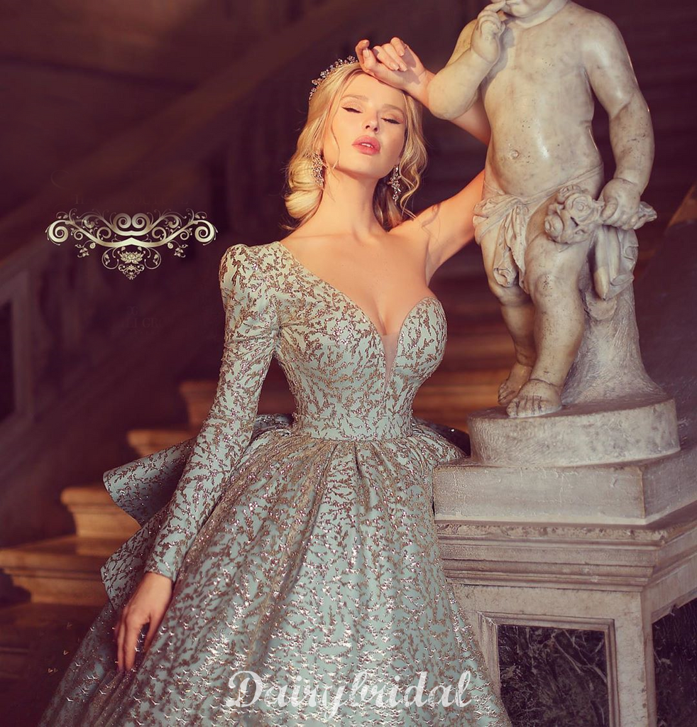 Gorgeous A line One Shoulder Long Sleeve Sparkle Ball Gown Prom