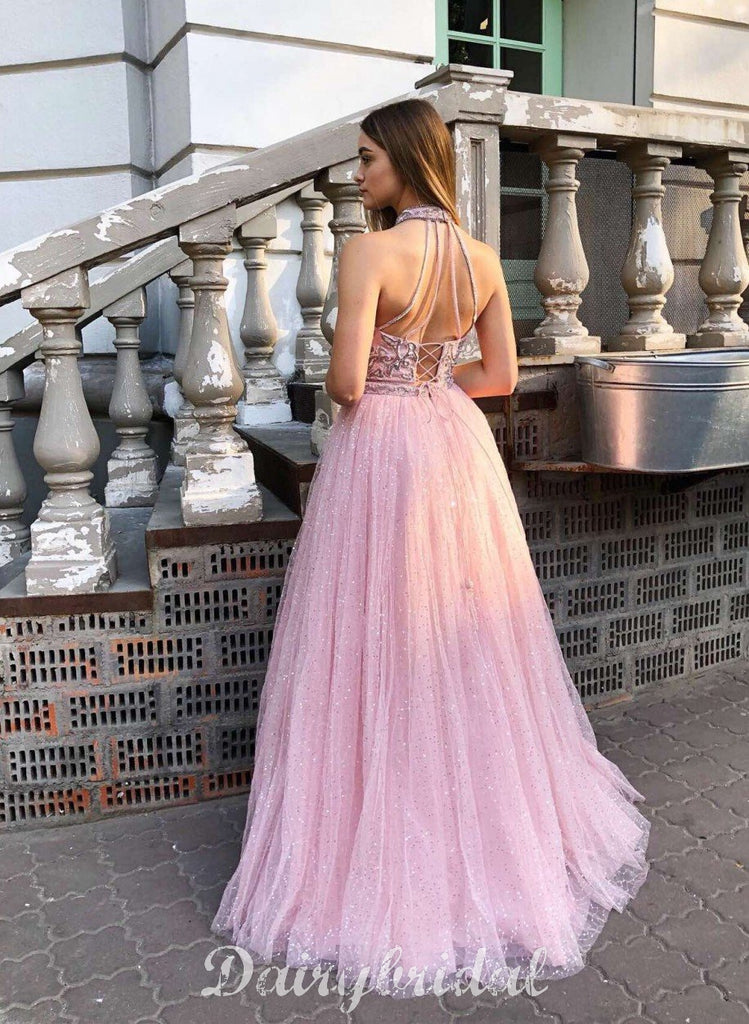 Honest A-line Tulle Floor-Length Halter Backless Lace Top Prom Dresses Dairy Bridal Honest A-line Tulle Floor-Length Halter Backless Lace Top Prom Dresses Dairy Bridal