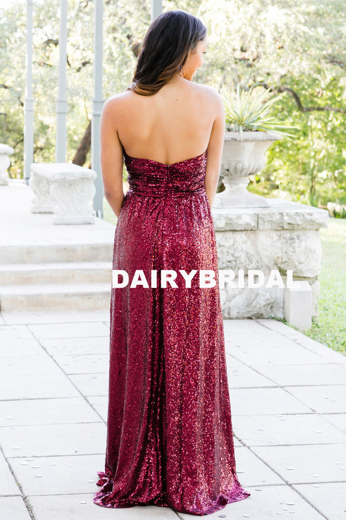 Simple Sweet Heart Backless Bridesmaid Dress, Long Sequin Floor-Length Bridesmaid Dress, D795
