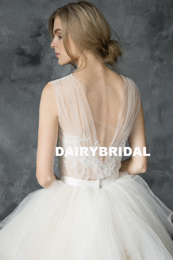 Long A-Line Tulle Wedding Dresses, Applique Honest Floor-length Wedding Dresses, D896