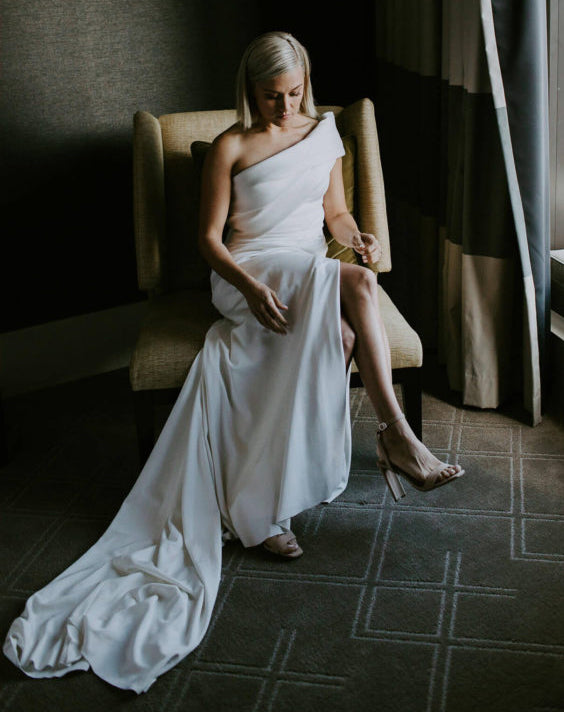 Charming One Shoulder Mermaid Backless Slit Chiffon Wedding Dresses, F Dairy Bridal Charming One Shoulder Mermaid Backless Slit Chiffon Wedding Dresses, F Dairy Bridal