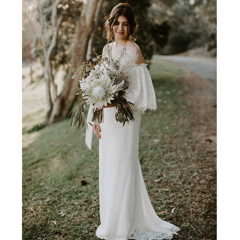 White Off Shoulder Lace Backless Sheath Simple Wedding Dresses, FC1685