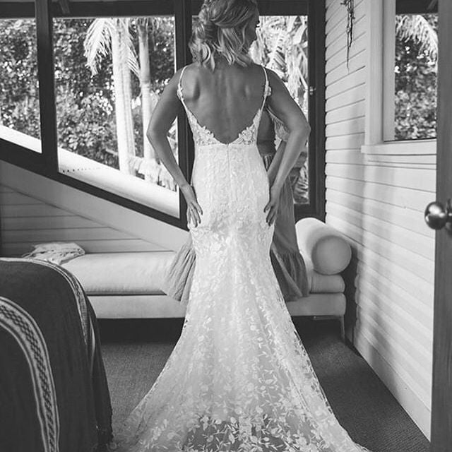 Sexy Luxury Backless Spaghetti-strap Lace Long Tail Mermaid Wedding Dr –  SposaBridal