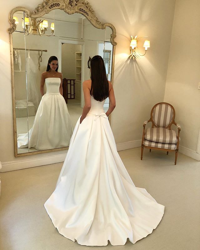 Simple A-line Satin Backless Straight Neckline Wedding Dress with Pockets, FC2409