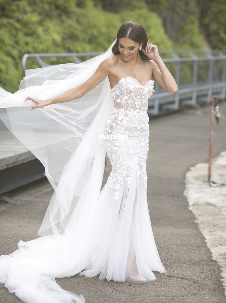 Sweetheart Mermaid Lace Backless Slit Tulle Wedding Dresses, FC2440