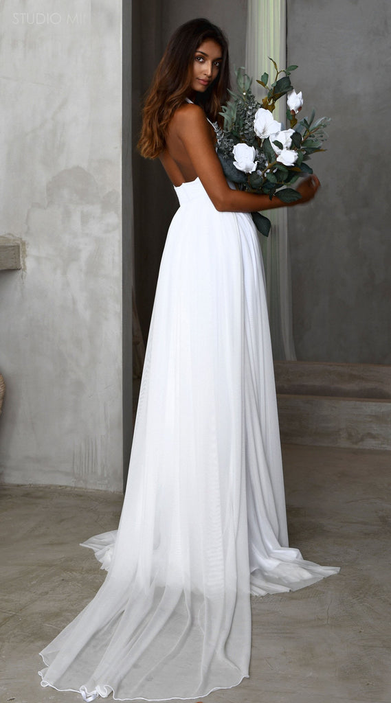Simple A-line Chiffon Slit Deep V-neck Backless Wedding Dresses, FC2558