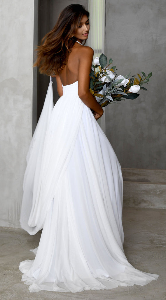 Simple A-line Chiffon Slit Deep V-neck Backless Wedding Dresses, FC2558