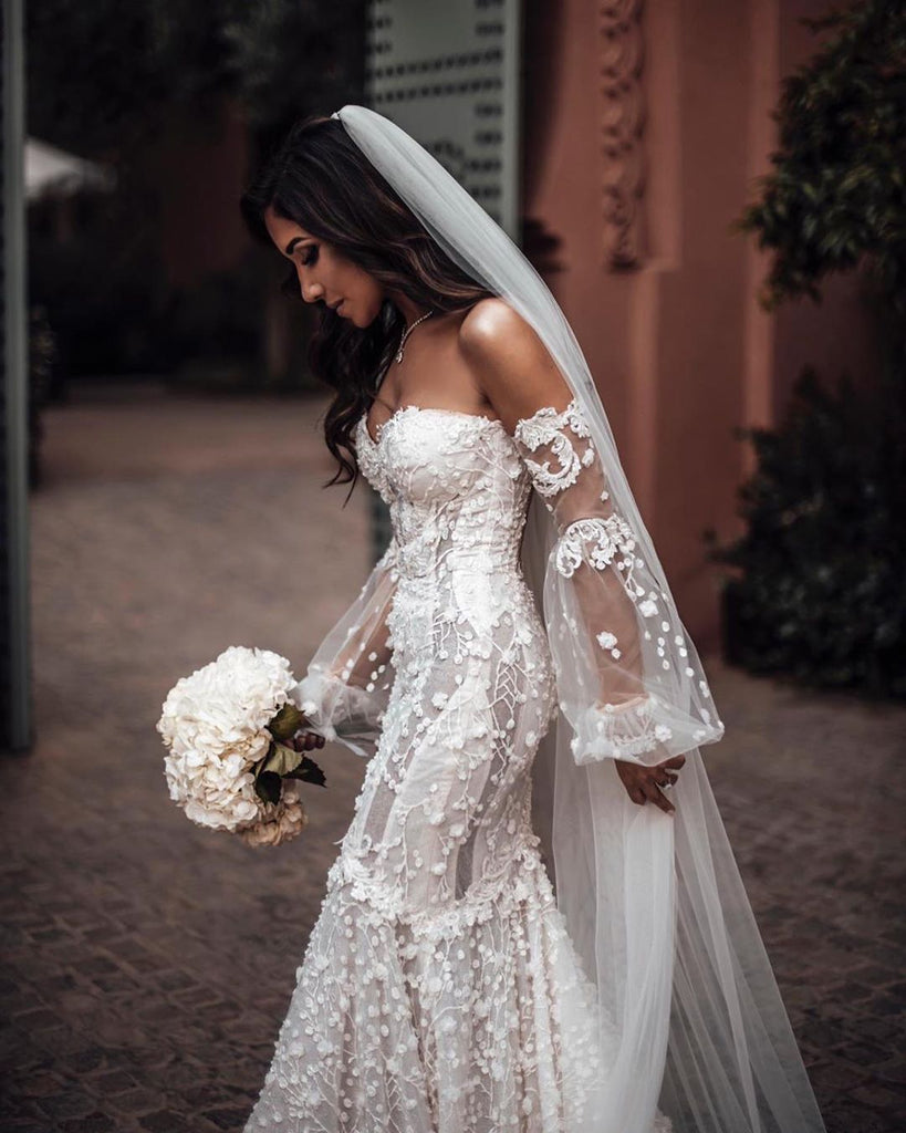 Charming Mermaid Lace Backless Long Sleeves Sweetheart Wedding Dresses, FC4283
