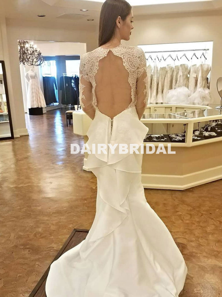 Long Sleeve Open-Back Lace Wedding Dress, Charming Mermaid Satin Wedding Dress, D1049
