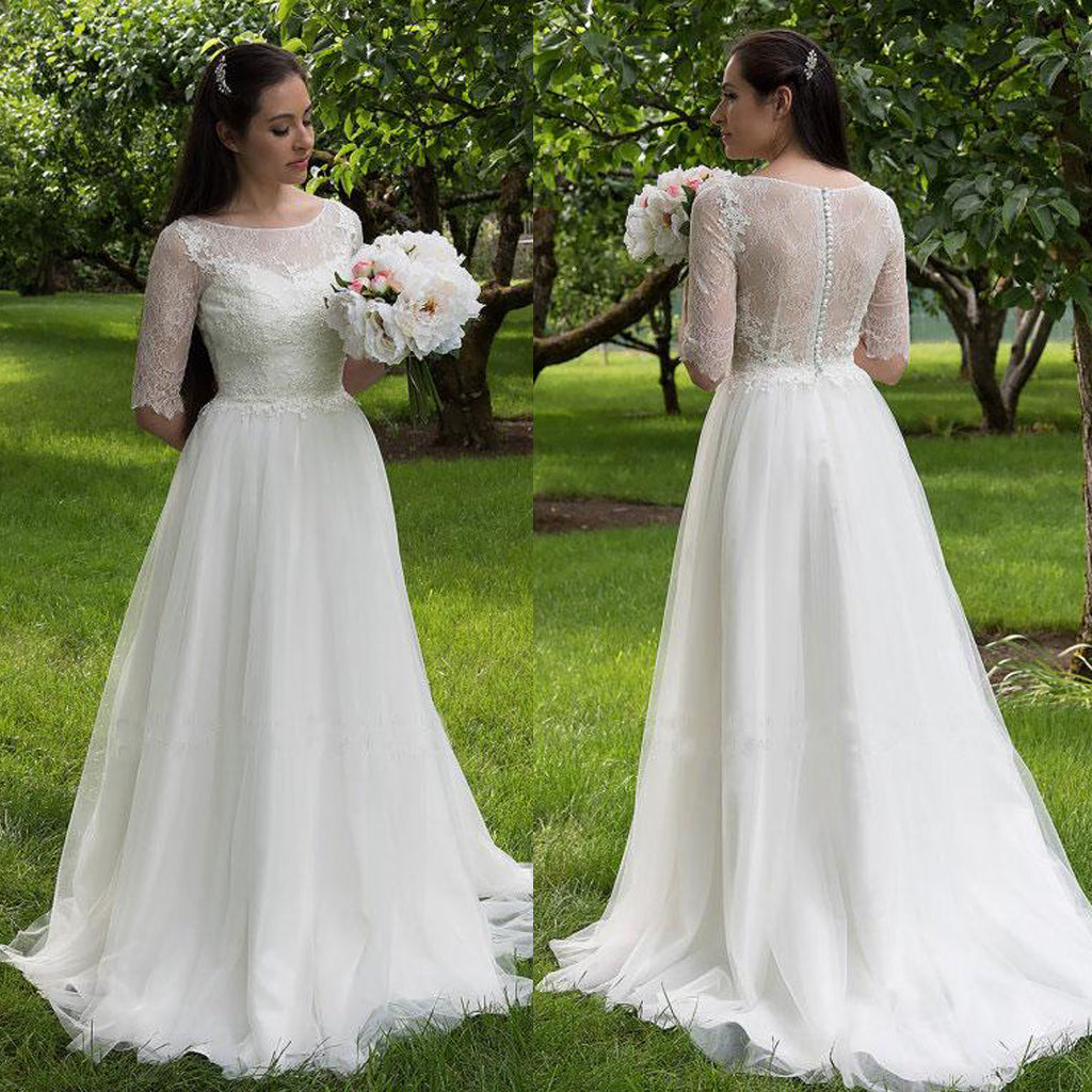 Vintage Lace Top Long Wedding Dress, Half Sleesve Tulle Cheap A-Line Wedding Dress, D1054