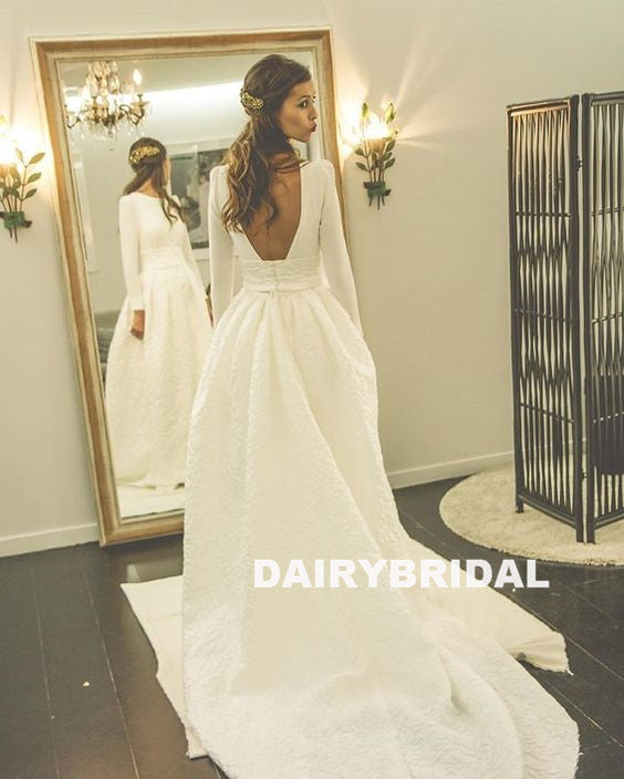 Detachable Satin Unique Designed Lace A-Line Long Sleeve Backless Wedd –  Dairy Bridal