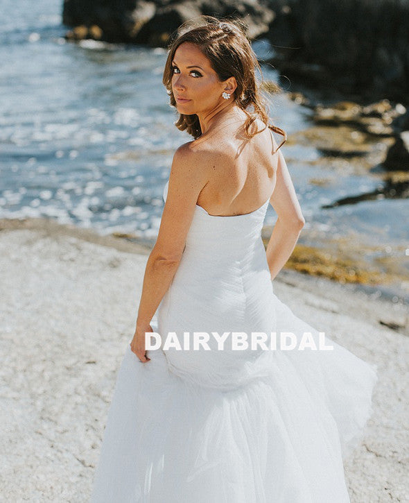 Charming Sweet Heart Mermaid Wedding Dresses, White Tulle Backless Wedding Dresses, D1134