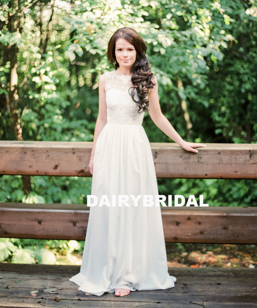 Inexpensive A-Line Satin Chiffon Wedding Dress, Applique Sleeveless Cheap Bridal Dress, D1327