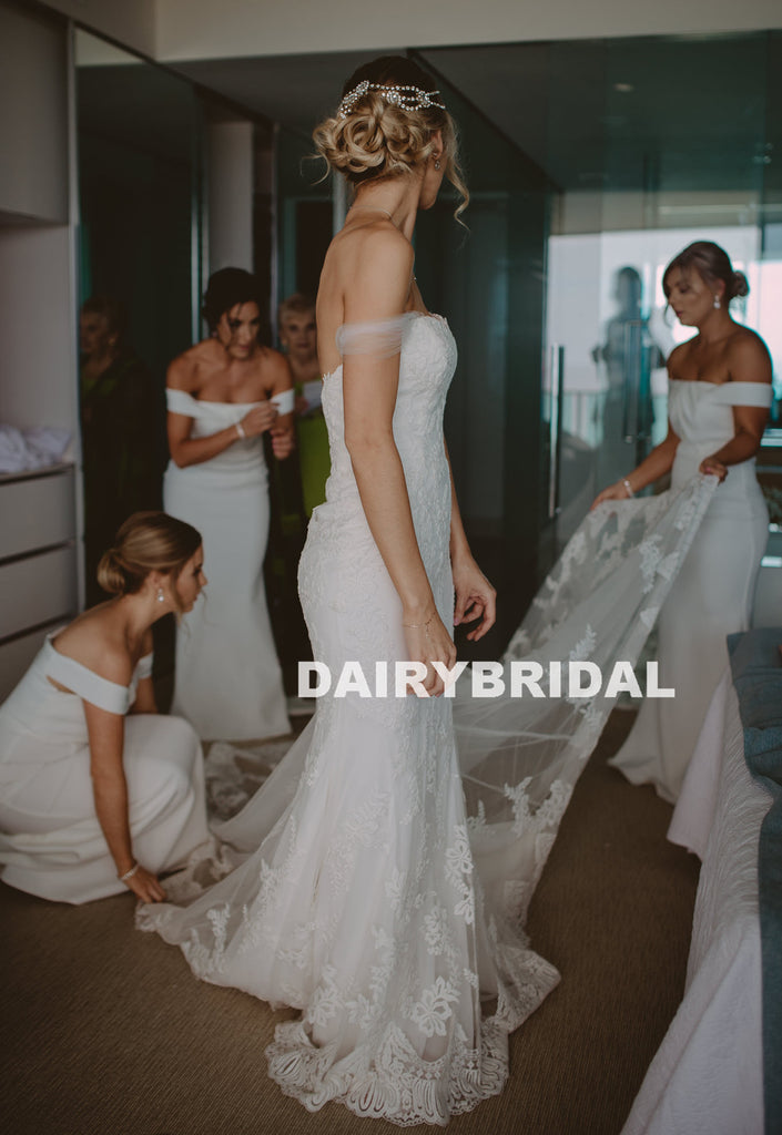 Off Shoulder Tulle Mermaid Wedding Dress, Charming Backless Lace Bridal Dress, D1331