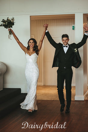 Charming Mermaid Sequin Spaghetti Straps V-neck Sparkle Wedding Dresses, FC3927