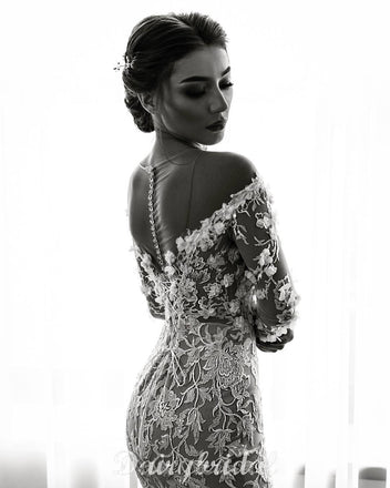Stunning Mermaid Hoest Long Sleeves Floor-Length Lace Wedding Dress, FC4963