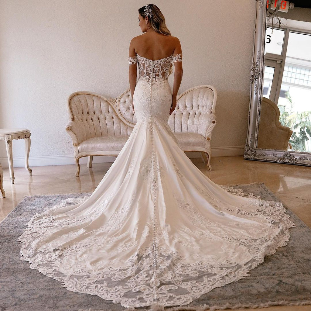 Off Shoulder Sexy Mermaid Backless Lace Long Wedding Dresses, FC5796
